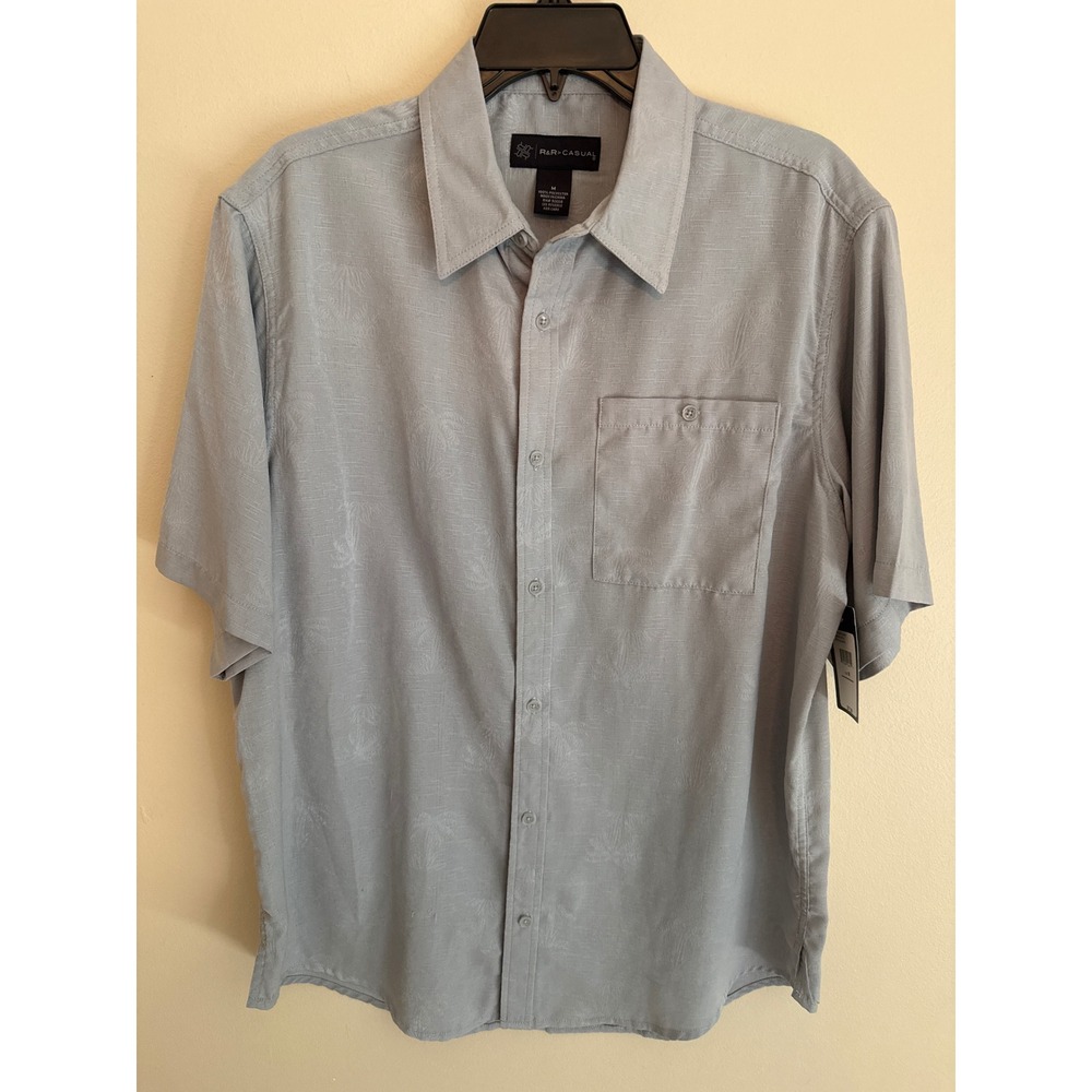 R&R Casual Men M Blue Grey Palm Tree Jacquard Short Sleeve Button Down Shirt NWT